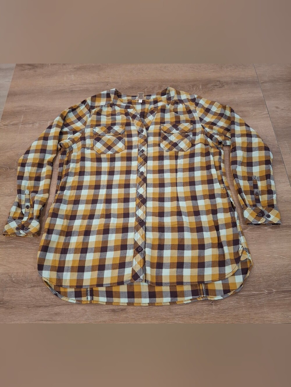 Duluth Trading Co Women's Plaid Flannel Shirt XL Mustard Brown